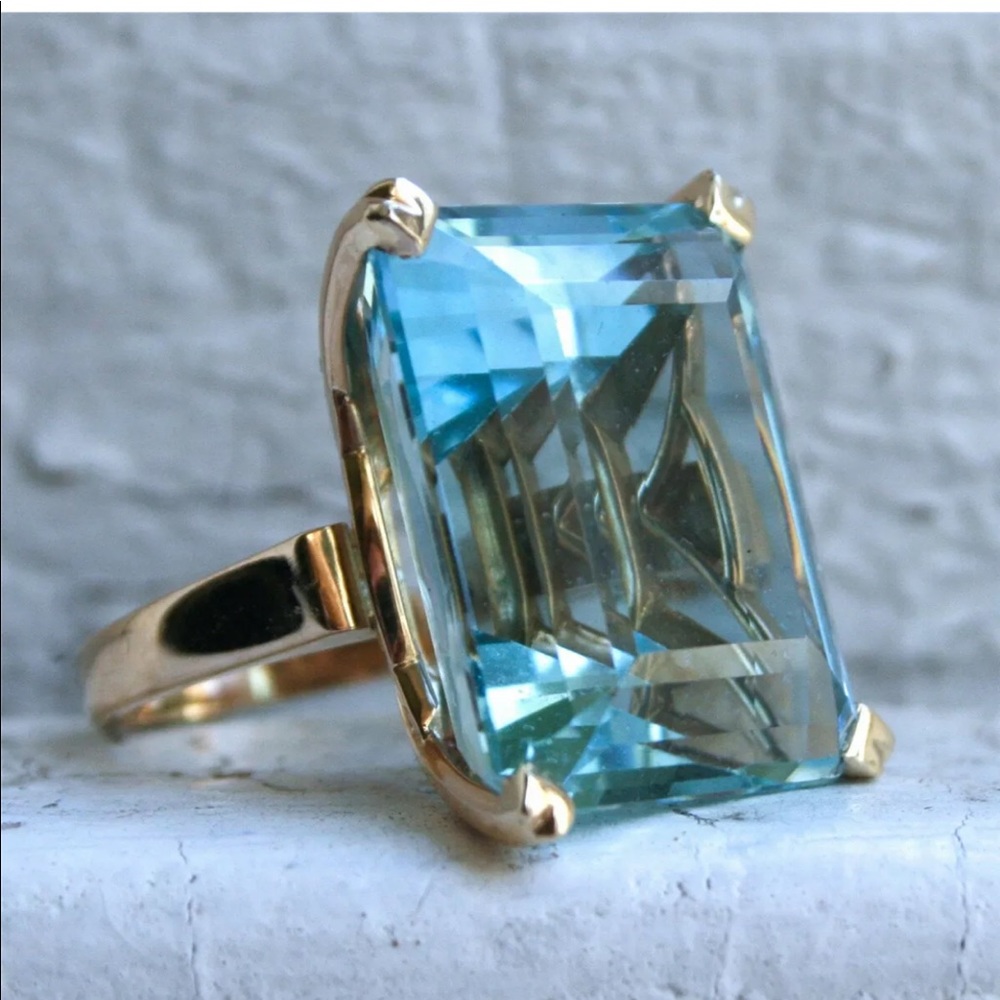 14K Gold Plated Natural Aquamarine Diamond Ring